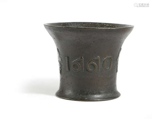 A CHARLES II DATED BRONZE MORTAR BY EDWARD NEALE OF BURFORD the body cast with two pairs of fleur-