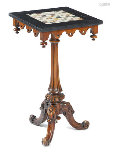 A VICTORIAN WALNUT AND MARBLE GAMES TABLE c.1870 the black marble top inlaid with a specimen