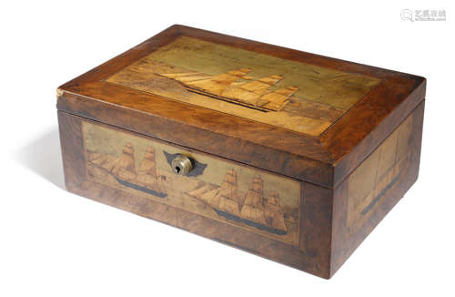 A TUNBRIDGE WARE AND WALNUT WORK BOX 19TH CENTURY with four marquetry inlaid panels depicting