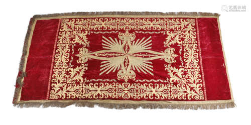 A LARGE RED VELVET HANGING ITALIAN, c.1800 possibly a canopy, applique with cloth of gold scrolls