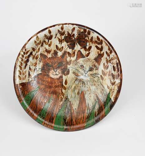 ‡ Avis Murray Aristocats, a Dartington Pottery charger, painted with two cats in a garden setting