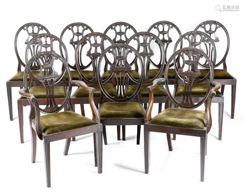 A SET OF TWELVE MAHOGANY DINING CHAIRS IN HEPPLEWHITE STYLE LATE 19TH / EARLY 20TH CENTURY each with