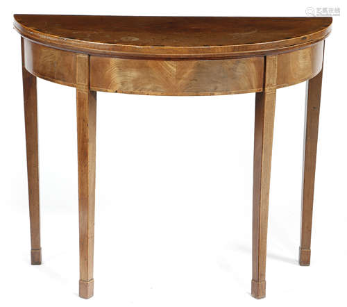 A GEORGE III MAHOGANY DEMI-LUNE CARD TABLE c.1790-1800 inlaid with boxwood stringing, the