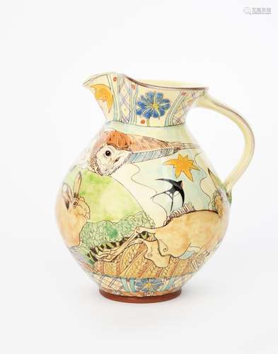 ‡ Maureen Minchin (born 1954) a pottery jug, bellied form, painted with two hares running below a