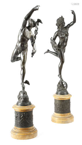 A PAIR OF 19TH CENTURY FRENCH BRONZE GRAND TOUR FIGURES OF MERCURY AND FORTUNA AFTER GIAMBOLOGNA