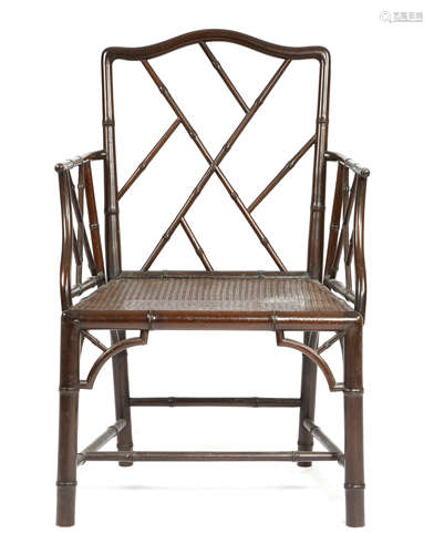 A FAUX BAMBOO COCKPEN STYLE OPEN ARMCHAIR LATE 19TH / EARLY 20TH CENTURY