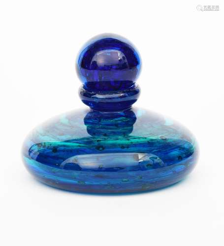 An Isle of Wight glass bottle and stopper by Michael Harris, blue and green streaked glass with