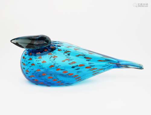 An Iittala Nuutajarvi glass Coral Eider bird designed by Oiva Toikka, dated 2011, blue glass with