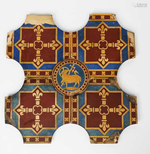 Five Minton encaustic floor tiles designed by Augustus Welby Northmore Pugin, from Southwark