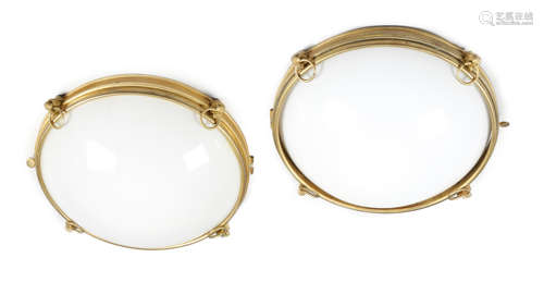 A PAIR OF GILT BRASS AND OPAQUE GLASS PLAFONNIERS IN REGENCY STYLE 20TH CENTURY decorated with