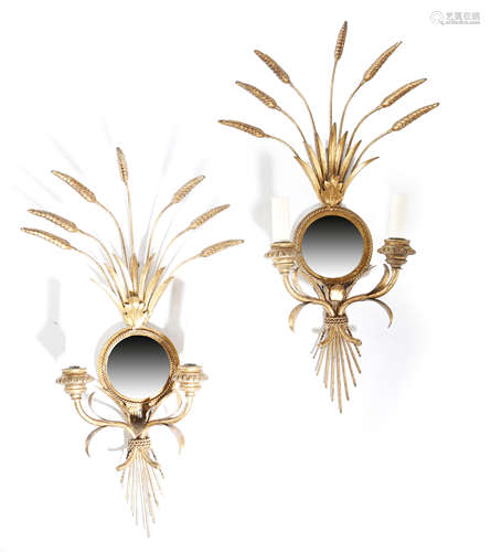 A PAIR OF GILT METAL WHEATSHEAF WALL LIGHTS LATE 20TH CENTURY each with a mirrored back and with