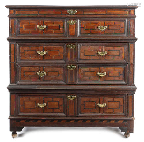 λ A CHARLES II OAK AND ROSEWOOD CHEST LATE 17TH CENTURY in two sections, the hinged boarded top