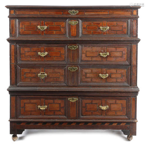 λ A CHARLES II OAK AND ROSEWOOD CHEST LATE 17TH CENTURY in two sections, the hinged boarded top