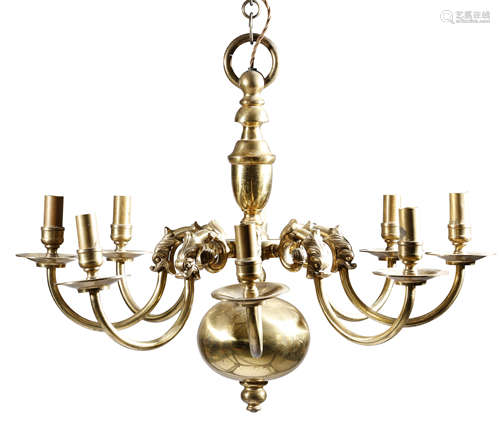 A PAIR OF DUTCH GILT BRASS EIGHT-LIGHT CHANDELIERS IN 18TH CENTURY STYLE LATE 19TH / EARLY 20TH