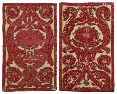 TWO PANELS OF CLOTH OF GOLD ITALIAN, c.1700 appliqued with red velvet large-scale flowers and