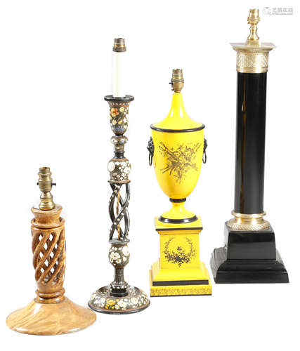 FOUR TABLE LAMPS EARLY 20TH CENTURY AND LATER comprising: a Kashmiri lacquered papier-mache example,