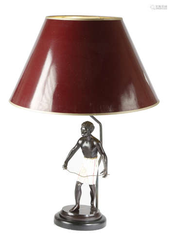 A PAINTED SPELTER BLACKAMOOR TABLE LAMP FIRST HALF 20TH CENTURY on an ebonised base, with shade (