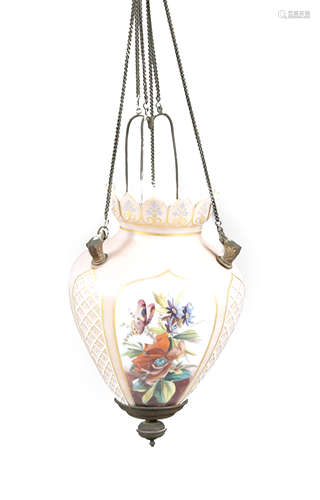 AN AUSTRO-HUNGARIAN OPAQUE GLASS HANGING LIGHT LATE 19TH CENTURY with gilt metal mounts, painted