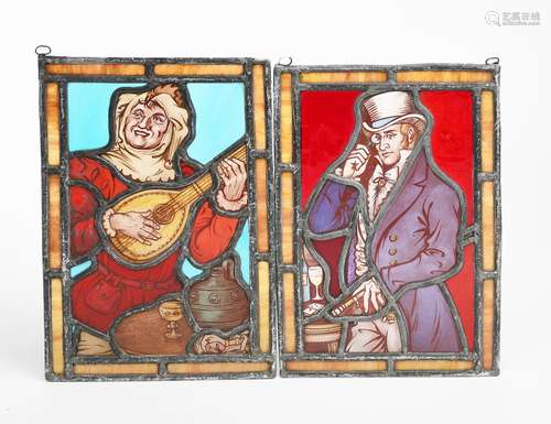 A small Aesthetic Movement stained glass Minstrel panel, rectangular depicting a minstrel playing