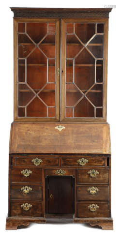 A GEORGE II AND LATER MAHOGANY BUREAU BOOKCASE THE BUREAU MID-18TH CENTURY the later bookcase top