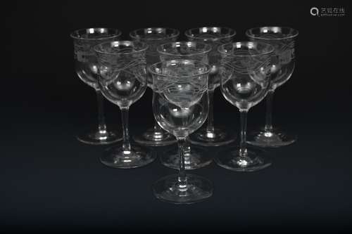 A set of eight James Powell & Sons Whitefriars glass Lotus sherry glasses designed by Harry J.