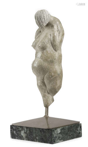 A PREHISTORIC STYLE FERTILITY FIGURE on a metal stand and with an associated marble plinth (2) 33.