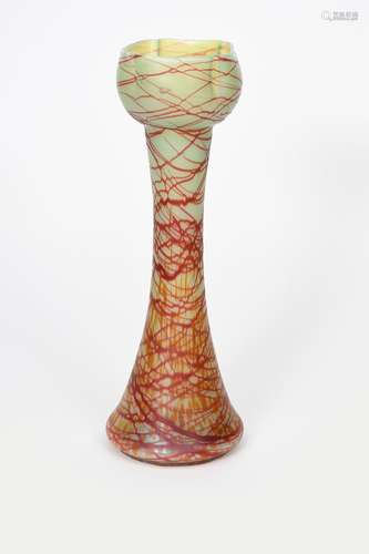 A large Art Nouveau Kralik surface decorated vase, waisted cylindrical form with knopped quatrlobe