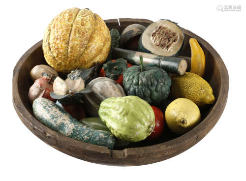 A COLLECTION OF PAINTED TERRACOTTA POTTERY MODELS OF FRUIT AND VEGETABLES PROBABLY LATE 19TH / EARLY