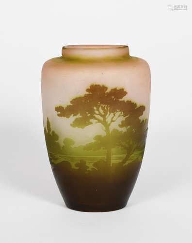 An Art Nouveau Galle cameo glass vase designed by Emile Galle, shouldered pink glass cased in yellow