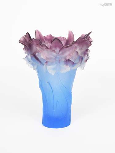 A modern Daum France vase, pierced, cylindrical form, the top rim cast with orchid flowers, purple