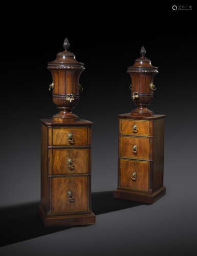 A PAIR OF GEORGE III MAHOGANY DINING ROOM URNS AND PEDESTALS IN THE MANNER OF GILLOWS c.1775-80 each