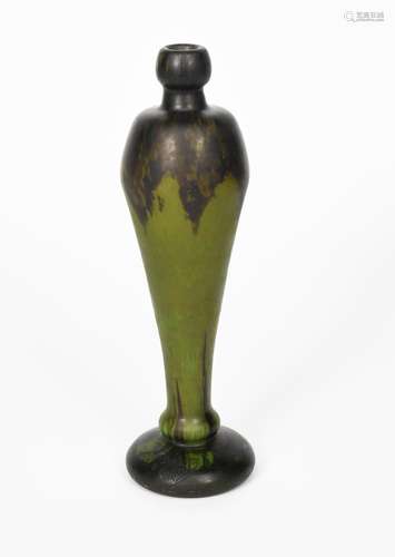 A Daum Nancy glass lamp base, slender shouldered form with flaring base, pale green glass with