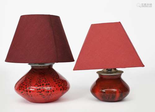 A WMF Ikora glass table lamp, red glass with black inclusions, cased in clear, compressed ovoid form