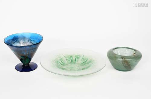 A WMF Ikora glass bowl, shallow form, radiating, crackled green glass cased in clear, a shallow