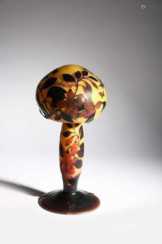 A Muller Fres cameo glass table lamp and shade, amber glass cased in red, acid-etched with