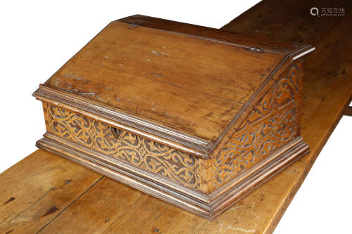 A 17TH CENTURY FRUITWOOD BIBLE BOX / DESK POSSIBLY WEST COUNTRY the hinged sloping lid with a