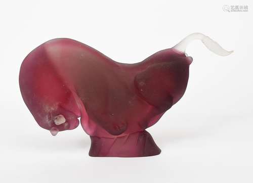 An Alfred Barbini Raging Bull glass sculpture, frosted amethyst glass with opaque detailing, signed,