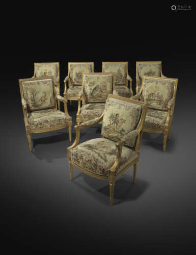 A SET OF EIGHT FRENCH GILTWOOD FAUTEUILS IN LOUIS XVI STYLE AFTER A MODEL BY GEORGES JACOB, THIRD