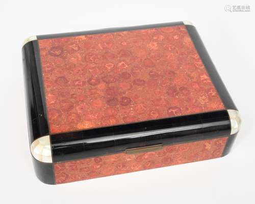 A marble inlaid box with hinged cover, cedar lined, the box inlaid with red marble panels,