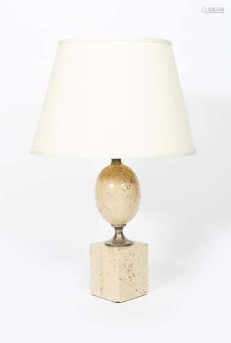 A Phillipe Barbier travertine marble and chrome table lamp, rectangular marble plinth supporting