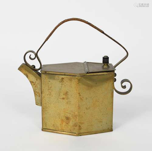 A rare Benham & Froud brass kettle designed by Dr Christopher Dresser, the elongated hexagonal