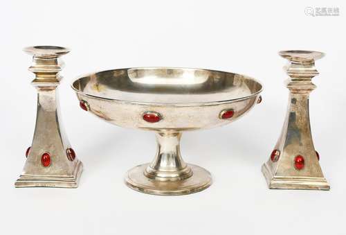 A Scottish electroplated pedestal bowl and pair of candlesticks by JB Glasgow, the candlesticks