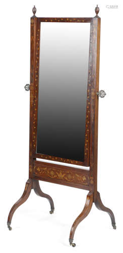 A LATE VICTORIAN IRISH MAHOGANY AND MARQUETRY CHEVAL MIRROR inlaid with scrolling leaves, flowers,