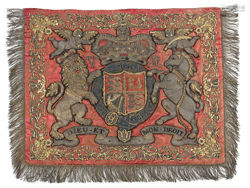 A VICTORIAN RED SILK DAMASK PENNANT OR BANNER with an embroidered border and applique central