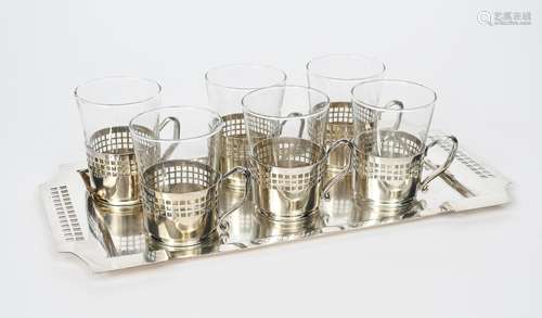 An Argentor electroplated tea set for six in the manner of Hans Ofner, comprising six cups and glass