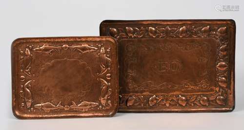 A Newlyn Industrial Classes copper tray, circular with galleried rail, hammered with a frieze of