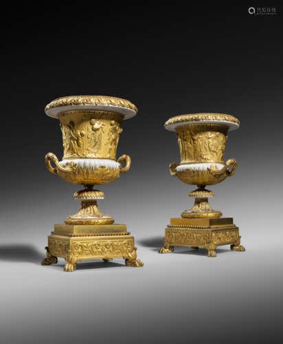 A PAIR OF FINE AND RARE FRENCH LOUIS XVI ORMOLU MOUNTED WHITE MARBLE VASES AFTER THE BORGHESE VASE