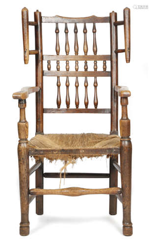 AN EARLY 19TH CENTURY LANCASHIRE / CHESHIRE STYLE ASH AND FRUITWOOD ARMCHAIR the spindle back with