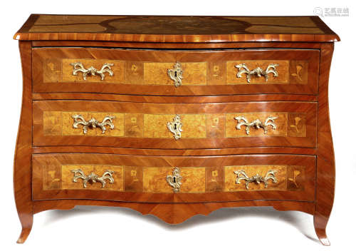 A CONTINENTAL CHERRYWOOD WALNUT AND BIRD'S EYE MAPLE BOMBE COMMODE PROBABLY NORTH EUROPEAN, 19TH