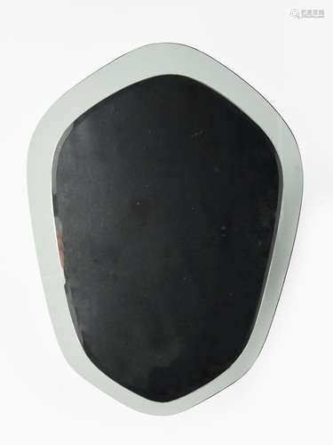 A Fontana Arte style wall mirror, shaped grey glass frame, with raised bevelled mirror, silver